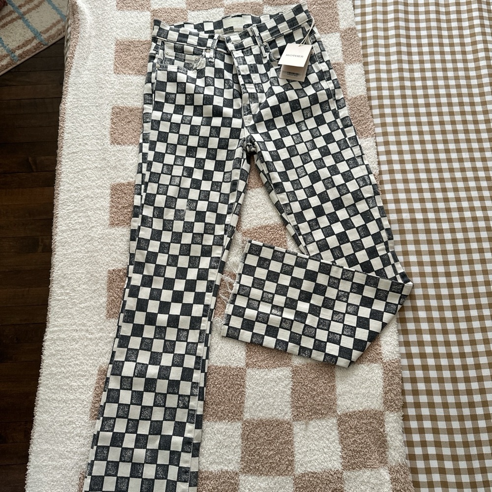 MOTHER Black and White Checkered Flare Jeans